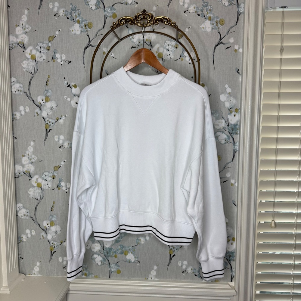 CALIA Women White Oversized Crewneck Sweatshirt Striped Hem WAX15131 Medium